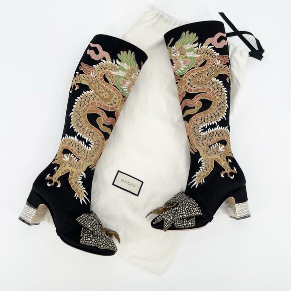 Gucci Black Silk Satin Candy Dragon Embroidered Crystal Bow Heeled Boot EU 37 - Picture 1 of 16